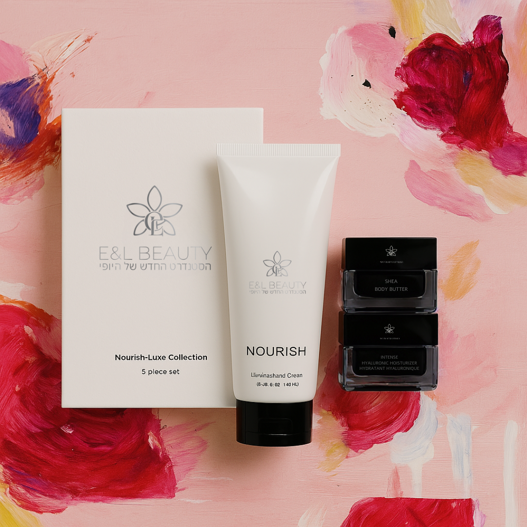 ערכת טיפוח יוקרתית Nourish Luxe – חמאת גוף שיאה, קרם לחות היאלורוני וקרם ידיים טבעוני ומפנק E-L-Beauty