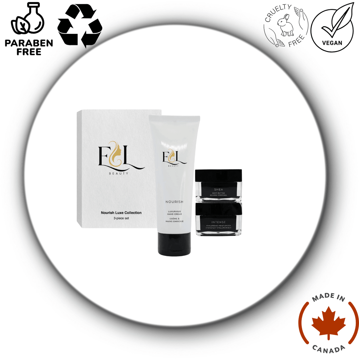 ערכת טיפוח יוקרתית Nourish Luxe – חמאת גוף שיאה, קרם לחות היאלורוני וקרם ידיים טבעוני ומפנק E-L-Beauty